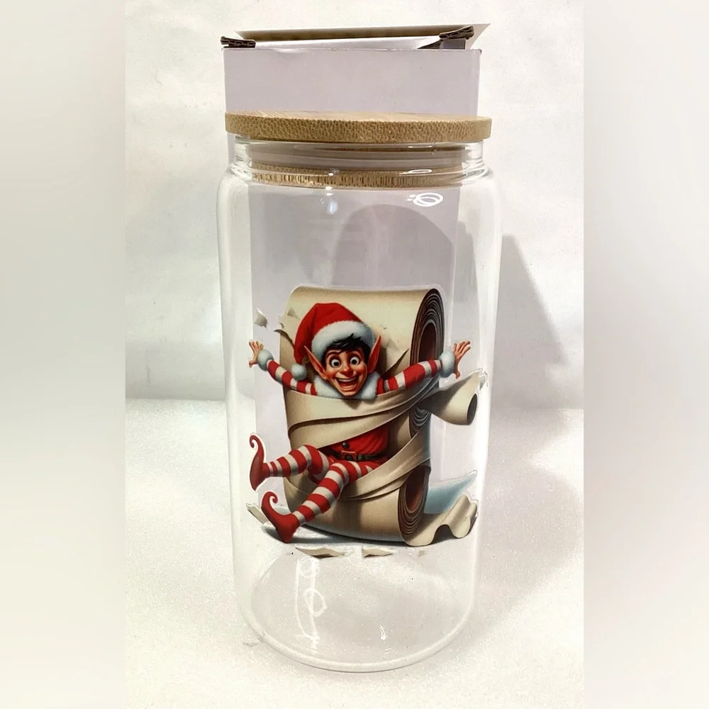 Christmas Glass Tumbler w Woden Lid 16oz New w Original Box
